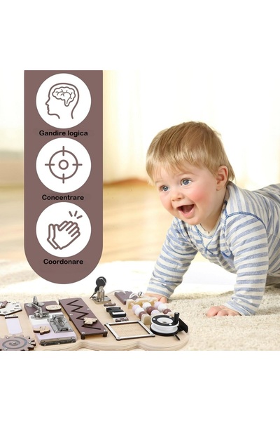 indiggo Tablă senzorială Montessori 14 în 1 din lemn natural - Busy Bear Indiggo®