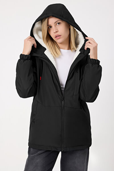 Royalside Γυναικεία Μαύρη Γούνα Χειμερινά Παλτό & Παλτό & Πάρκα με κουκούλα