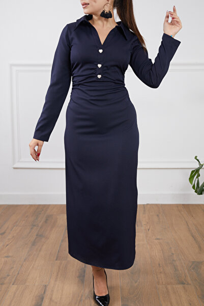 DPARİS Long Dress with Shirt Collar and Slit at the Back