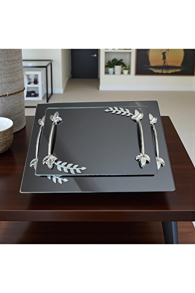 Online Home Market 2-Piece Promise or Engagement Ring, Gold-Silver Leaf-Shaped for Coffee Serving. Square-Hexagonal Shaped Glass Tray