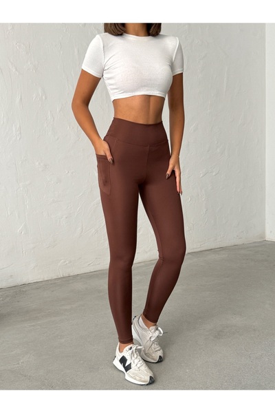 OPENDO Toparlayıcı Yüksek Bel Kahverengi Cepli Tayt