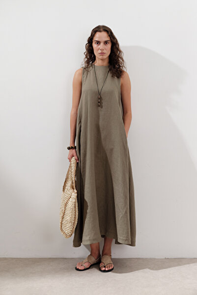 Manuka Linen Tight Wide Dress Khaki