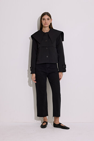 Manuka Wide Collar Crop Trench Coat Black