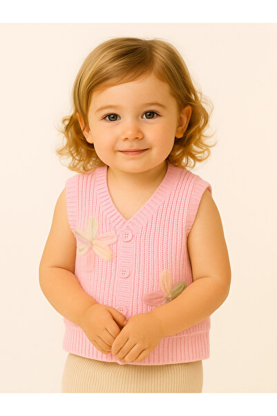 Nimini Kids Yeni Sezon Çiçek Detaylı Düğmeli Triko Selanik Örgü Kız Bebek Çocuk Yelek (0-8 yaş)