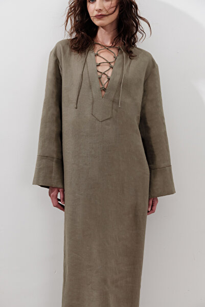 Manuka Linen Binding Detail Dress Khaki