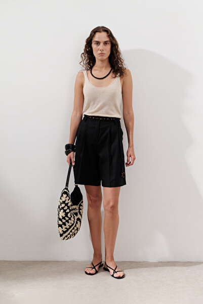 Manuka KETEN PİLELİ BERMUDA ŞORT SİYAH