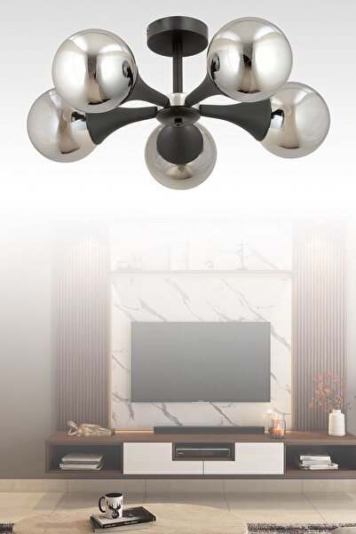 ESSLİGHT Eva 5 Li Plafonyer Avize Füme Glob Camlı Salon Yatak Odası Mutfak