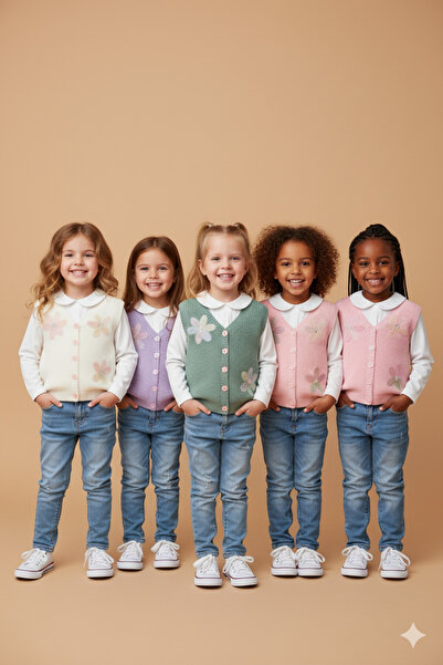 Nimini Kids Yeni Sezon Çiçek Detaylı Düğmeli Triko Selanik Örgü Kız Bebek Çocuk Yelek (0-8 yaş)
