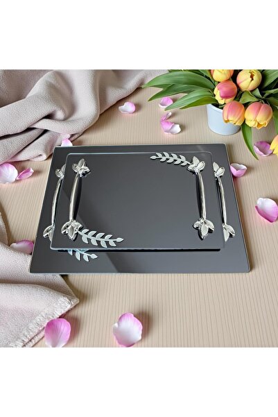 Online Home Market 2-Piece Promise or Engagement Ring, Gold-Silver Leaf-Shaped for Coffee Serving. Square-Hexagonal Shaped Glass Tray