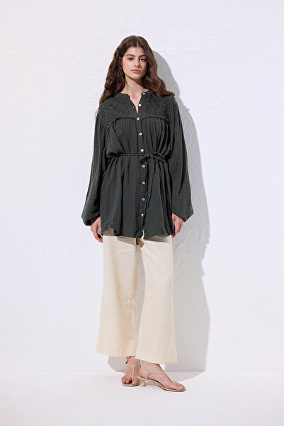 Manuka Muslin Embroidered Shirt Dark Green