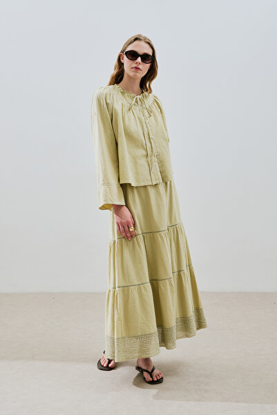 Manuka Textured Embroidered Fold Long Skirt Soft Green