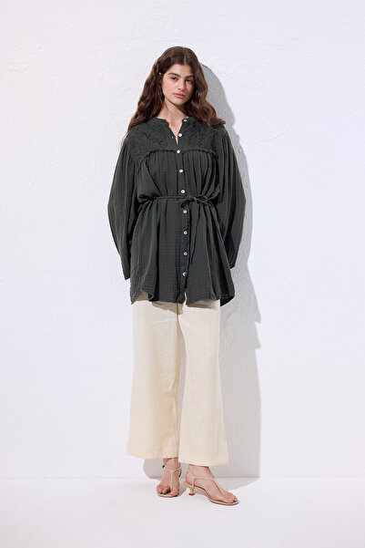 Manuka Muslin Embroidered Shirt Dark Green