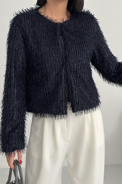 ALFUDO Moda Collection Collarless Imported Tasseled Navy Blue Fur Coat