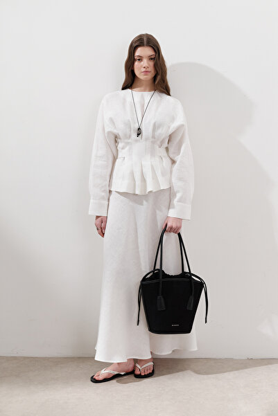 Manuka KETEN DİKİŞ DETAYLI ETEK EKRU