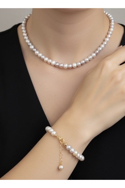 Zokak Sertifikalı Doğal Taş Gerçek Inci Set, Gerçek Inci Özel Tasarım Set Kolye Bilezik-yılbaşı Hediyesi