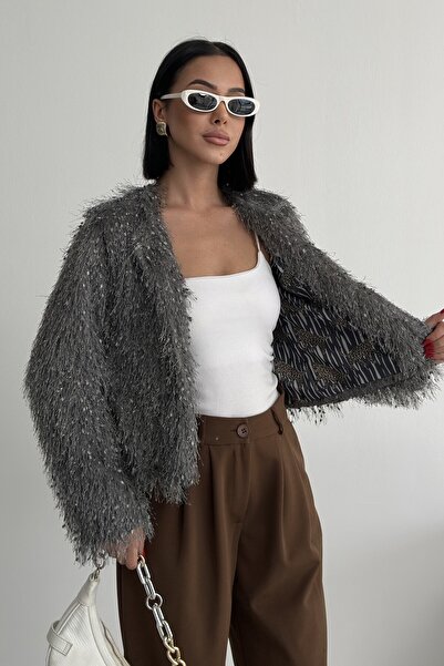 ALFUDO Moda Collection Collarless Imported Tasseled Anthracite Fur Coat