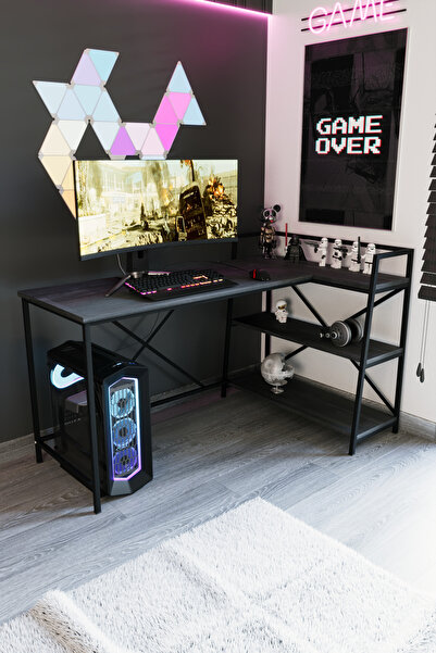 Flinder Siyah Oyuncu Masası, Çift Yön Kullanıma Uygun, Bilgisayar Masası, Gamer Masası, Gaming Masa, L Masa