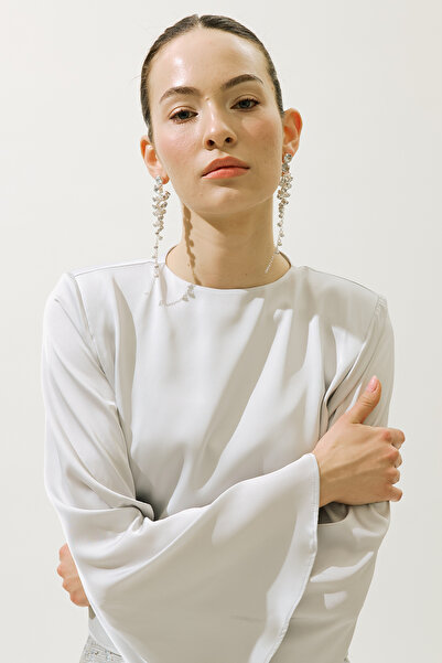 Manuka Satin Wide Sleeve Bluz Blue