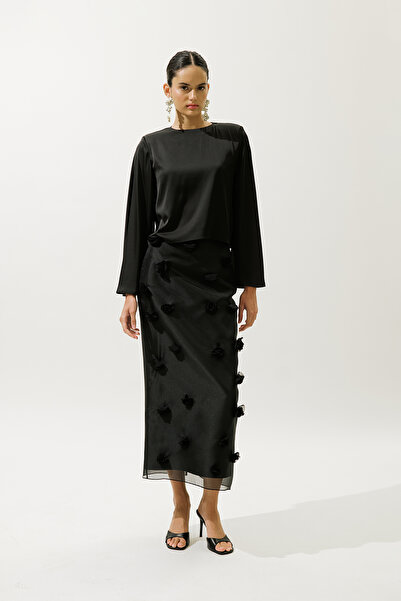 Manuka Flower Applied Pencil Skirt Black