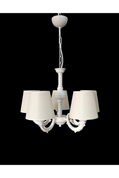 DEDE RİGA ZAMAK AVİZE BEŞ KOLLU STATİK BEYAZ BOYALI KREM RENGİ ŞAPKALI