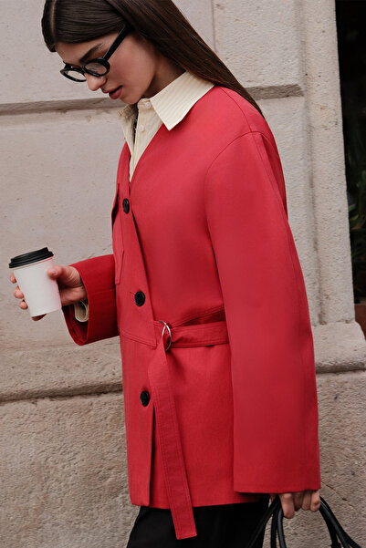 Manuka Red Double-Breasted Design Jacket with Buckle Detail