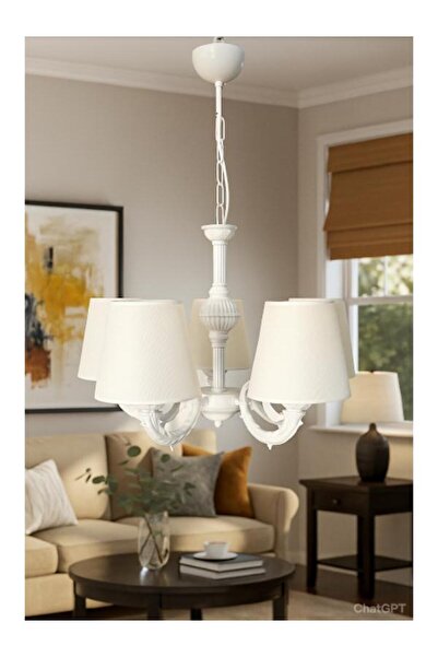 DEDE RİGA ZAMAK AVİZE BEŞ KOLLU STATİK BEYAZ BOYALI KREM RENGİ ŞAPKALI