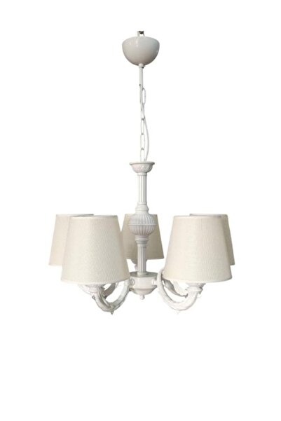 DEDE RİGA ZAMAK AVİZE BEŞ KOLLU STATİK BEYAZ BOYALI KREM RENGİ ŞAPKALI