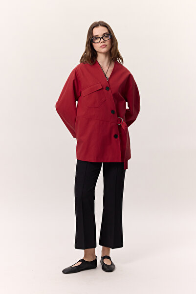 Manuka Red Double-Breasted Design Jacket with Buckle Detail