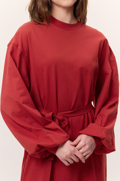 Manuka Rotes langes bequemes langes Kleid mit Ballonärmeln