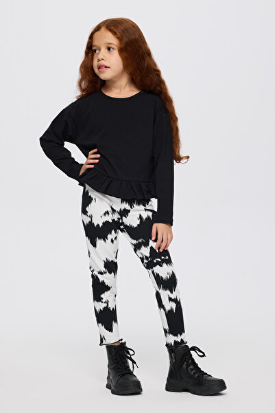 Panço Kız Çocuk Etek Ucu Fırfırlı Uzun Kollu Siyah Tişört