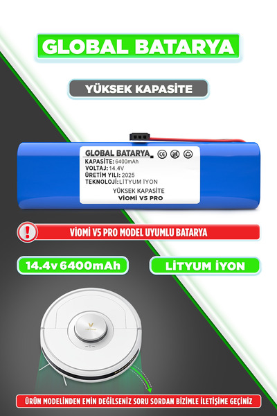 GLOBAL BATARYA Viomi V5 Pro Uyumlu Akıllı Robot Süpürge Bataryası 14.4V 6400M...