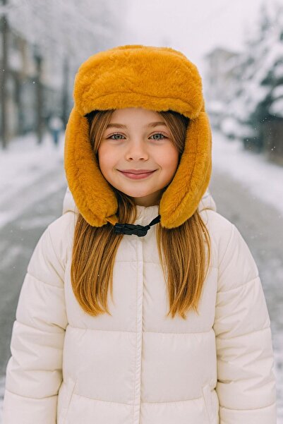 FELLMENS Beretă de pluș pentru copii de șofran pentru fată - cu blană și capse