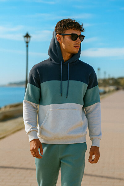 Pobudo Oversize Su Yeşili Renk Füme Şeritli  Kapüşonlu Eşofman Takımı