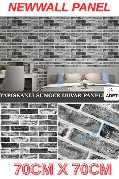 Renkli Duvarlar 70x70cm 1 Adet Yapışkanlı Dekoratif Tuğla Desen Gri TV Arkası...