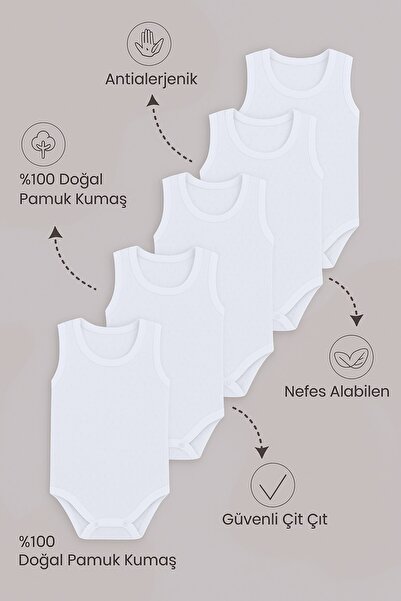 vitmo 5'li Zıbın Bebek Askılı Çıtçıtlı Body %100 Pamuk