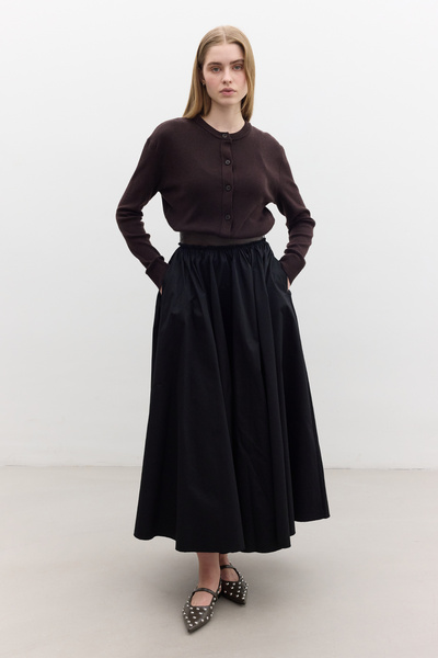 Manuka Black Wide Skirt - Leather Detail