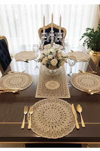 Çt Çeyizci Tekstil French Lace Runner and Supla Set (1 Runner, 6 Supla) Gray