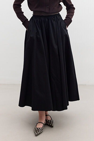 Manuka Black Wide Skirt - Leather Detail