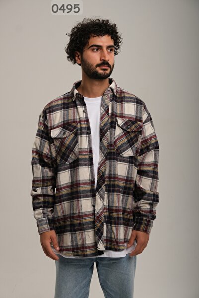 Zermon KREM BORDO HARDAL GECE MAVİSİ ÇİZGİ DESENLİ CEPLİ ODUNCU GÖMLEĞİ