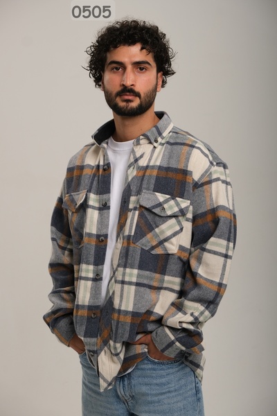 Zermon MAVİ KREM RENGİ HARDAL ÇİZGİLİ ODUNCU GÖMLEĞİ