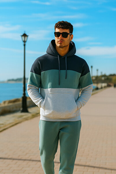 Pobudo Oversize Su Yeşili Renk Füme Şeritli  Kapüşonlu Eşofman Takımı