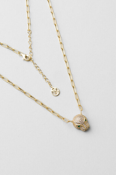 So CHIC... Yeşil Gözlü Kaplan 18 Ayar Sarı Altın Kaplama 43 Cm Gümüş Kolye