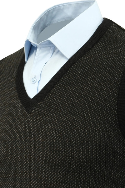 Çizgi Triko Мъжки пуловер с V-образно деколте, с мотиви, от стоманена плетена материя, с нормална кройка - 5206H