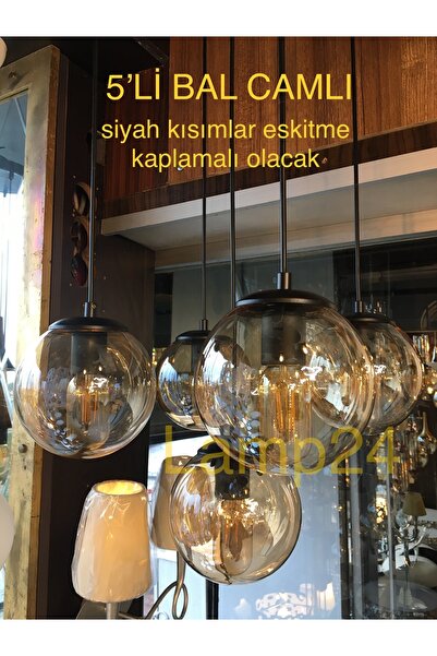 Lamp24 5’li Eskitme Kaplamalı Bal Glop Camlı Sarkıt Avize - Dali Serisi