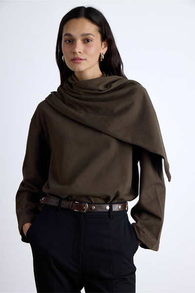 Manuka Χακί Χρώμα Premium Πλεκτή Μπλούζα - Σχέδιο Κασκόλ