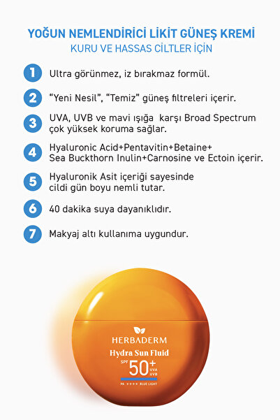 Herbaderm Likit Güneş Kremi, 50+ SPF Yoğun Nemlendirici 40 ml