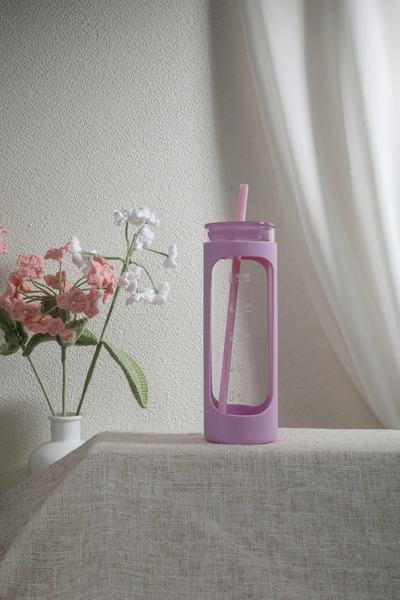 Miniso Silikon Kılıflı Pipetli Borosilikat Cam Şişe (475ML) - Pembe