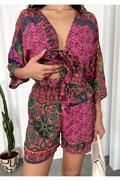 Femaura Alt Üst Takım - FM083 Model Etnik Desen Alt Üst Keten Takım