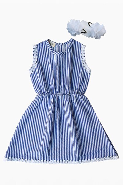 Parla Kids 0016 - Rochie festonată cu dungi albastre și albe cu set de catarame albe