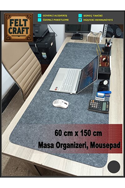 Felt Craft 150x60 cm Dev Boy Kalın Keçeden Masa Organizeri, Mousepad Koyu Gri